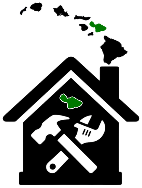 Hawaiʻi Handyman logo: house with hammer and wrench and the island chain, Maui highlighted
